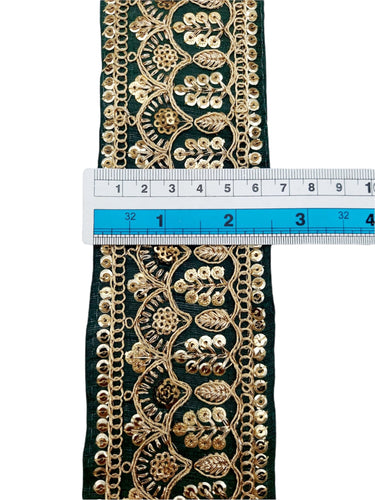 2 Yards, Dark Green Gold Embroidered Lace Trim Sequins Trim Decorative Sari Border Costume Ribbon Crafting Sewing Tape